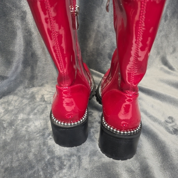 Lattelier Womens Shiny Ruby Red Leather Rhinestone Silver Boots. 38 (10 Usa) - Picture 7 of 13